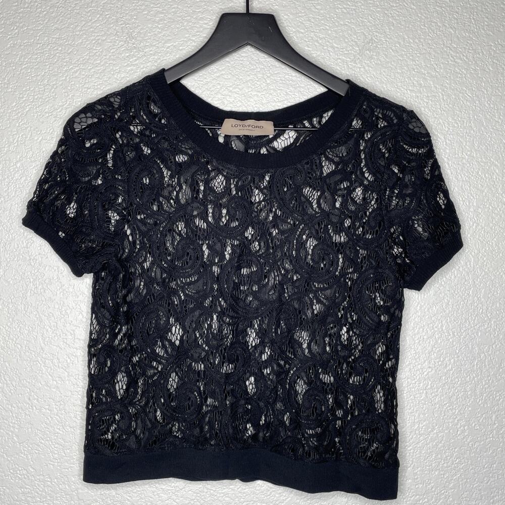 Loyd/Ford Women’s Short Sleeve Black Sheer Cotton Lace Top Blouse Size 2